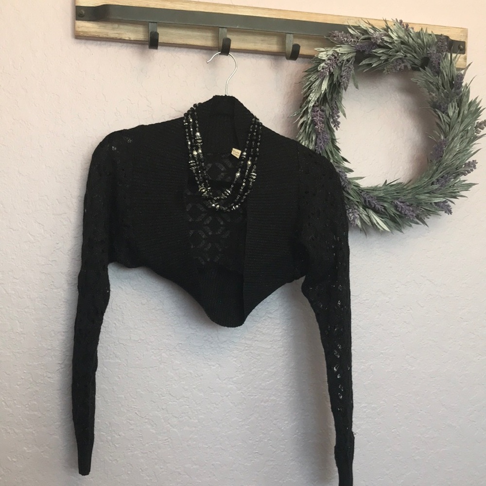 Shrug Shoulder Cardigan Sweater Black Gold Knit